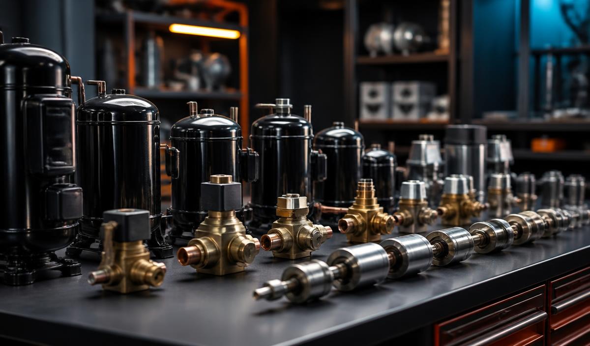 HVAC compressors and valve components arranged on an industrial workbench