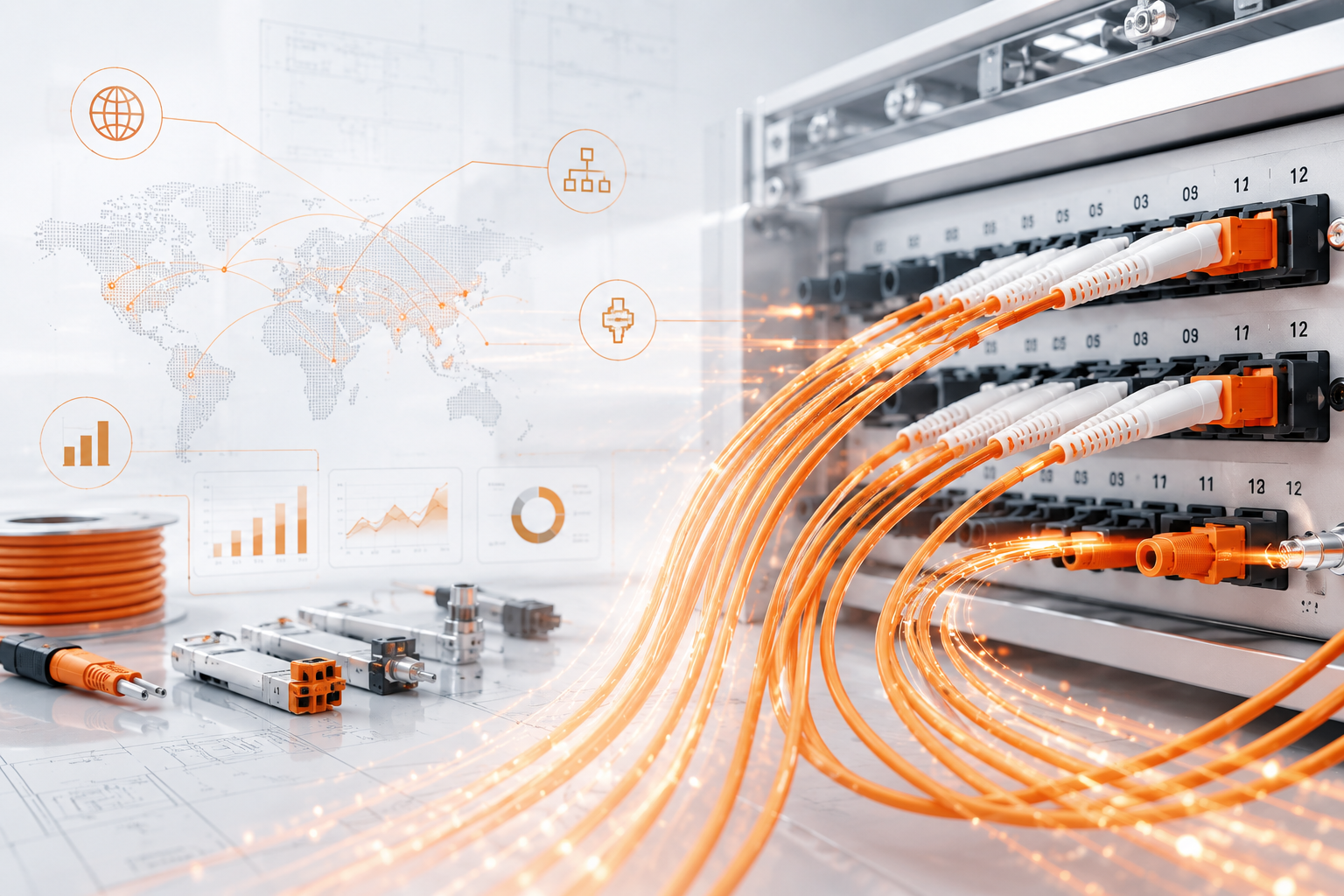 Fiber optic cables and connectors on communications equipment